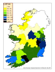 Labour Party support (%) by constituency, 2007 General Election