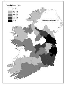 Females as percentage of all Fianna Fail/Fine Gael local election candidiates, 2009 local elections