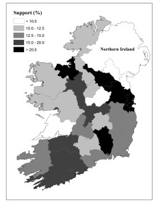 Percentage of vote won by female candidates by county, 2009 local elections
