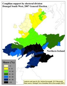 Support for Mary Coughlan by ED in Donegal South West, 2007 General Election (based on tally figure analyses) 