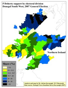 Support for Pearse Doherty by ED in Donegal South West, 2007 General Election (based on tally figure analyses)