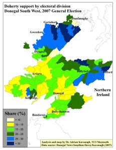 Pearse Doherty support by ED in Donegal South West, 2007 General Election