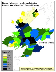 Support for Fianna Fail by ED in Donegal South West, 2007 General Election (based on tally figure analyses) 