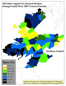 Support for Dinny McGinley by ED in Donegal South West, 2007 General Election (based on tally figure analyses) 