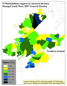 Support for Sean O'Maolchallann (GP) by ED in Donegal South West, 2007 General Election (based on tally figure analyses) 