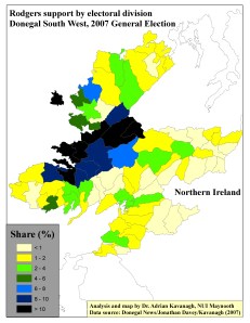 Support for Seamus Rodgers (LB) by ED in Donegal South West, 2007 General Election (based on tally figure analyses)