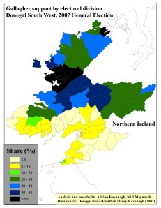 Support for Pat "The Cope" Gallagher by ED in Donegal South West, 2007 General Election (based on tally figure analyses) 